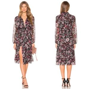 MISA Laysi Floral Long Sleeve Midi Dress in Black Fuschia Pink